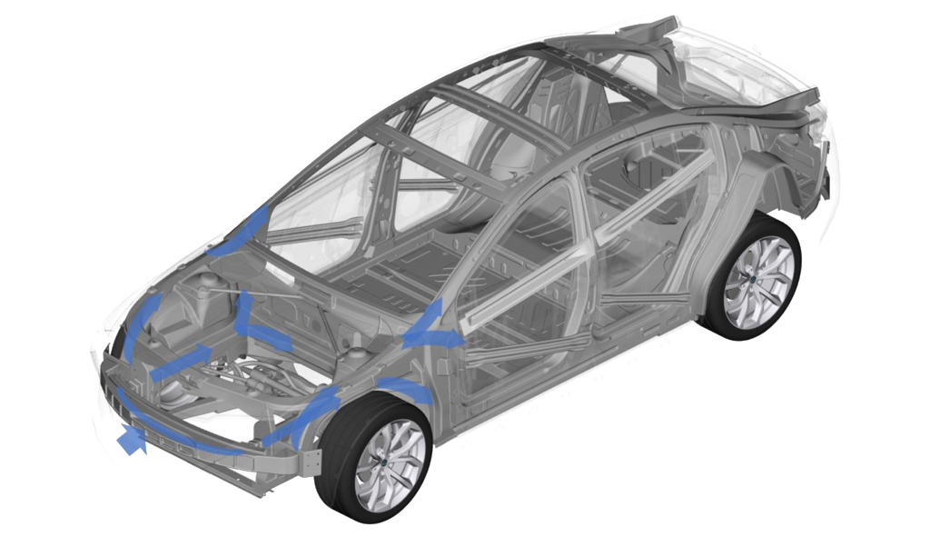 A transparent view of a car body-in-white with the main structural members highlighted.