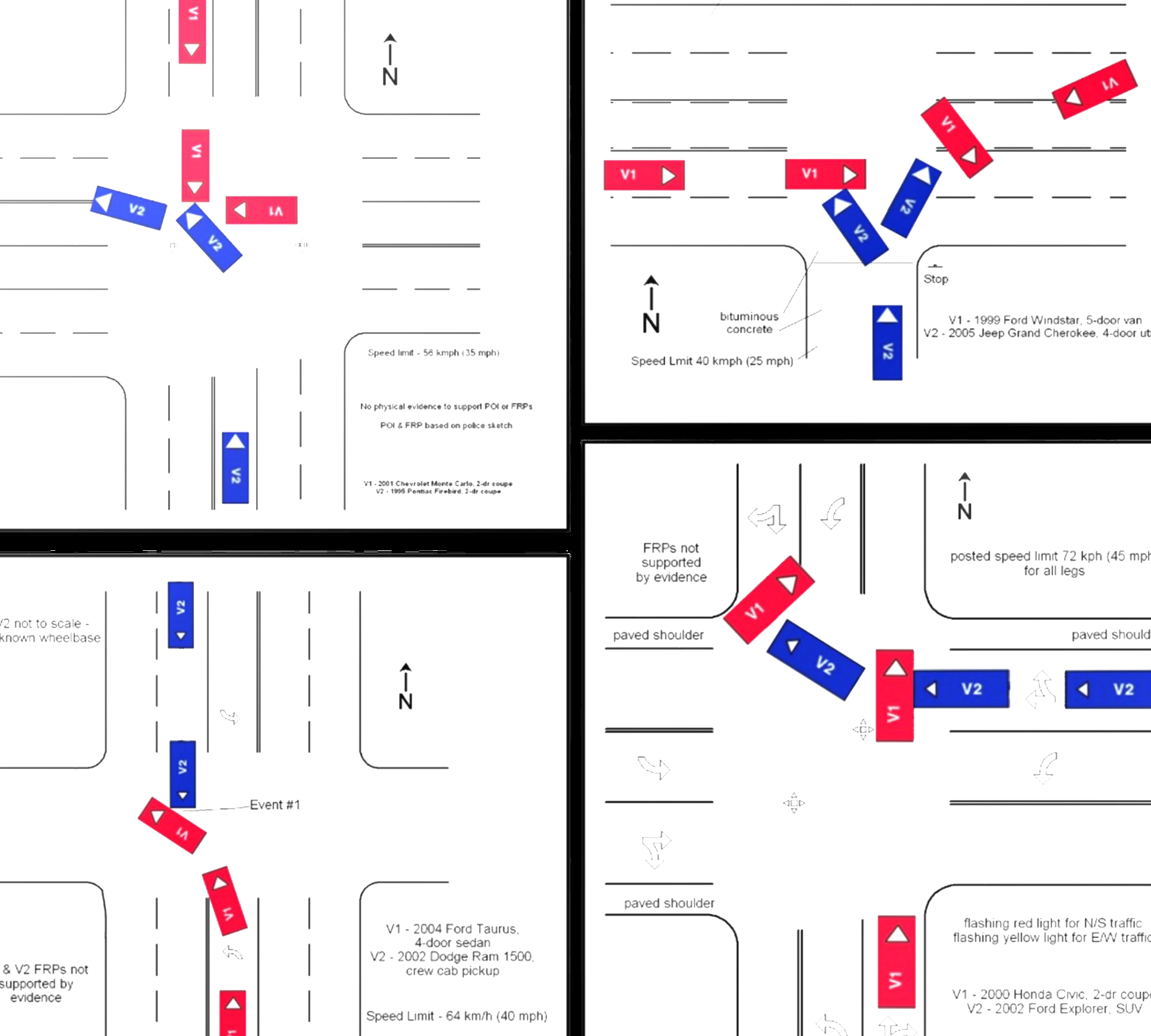 Four road-intersection diagrams reconstructing crash scenarios, each showing two vehicles, their approach directions and the posted speed limit.