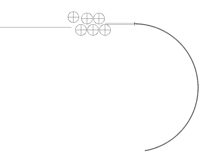 A schematic of a levelling mill, the strip passing between offset rolls and flattening as it leaves.